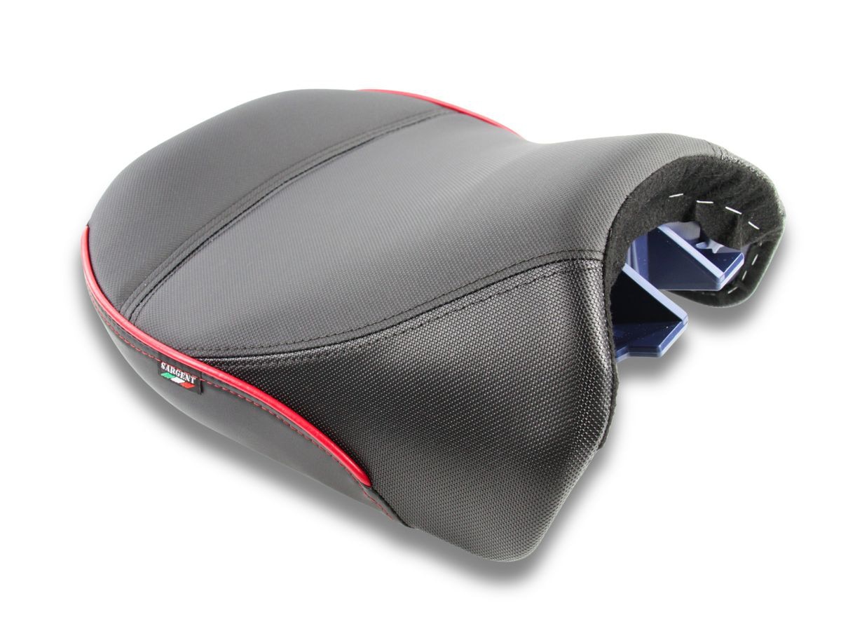 Beautiful Performance Plus front motorcycle seat with Ducati Red accents - available only from Sargent Cycle Products.